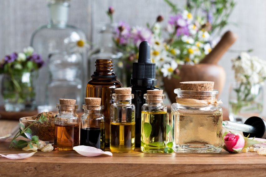 Array of essential oils displayed together. Skincare, essential oils.